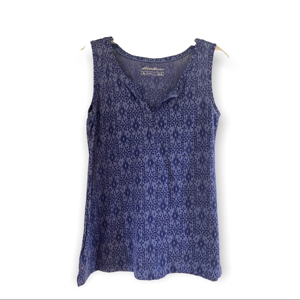 Eddie Bauer, blouse, tank top, blue, partially see thru design, size M.